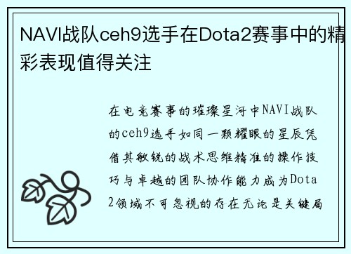 NAVI战队ceh9选手在Dota2赛事中的精彩表现值得关注