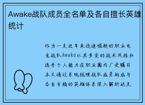 Awake战队成员全名单及各自擅长英雄统计