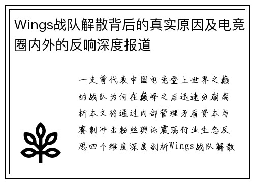 Wings战队解散背后的真实原因及电竞圈内外的反响深度报道