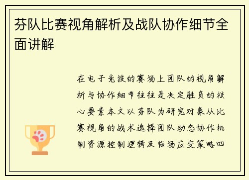 芬队比赛视角解析及战队协作细节全面讲解