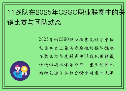 11战队在2025年CSGO职业联赛中的关键比赛与团队动态