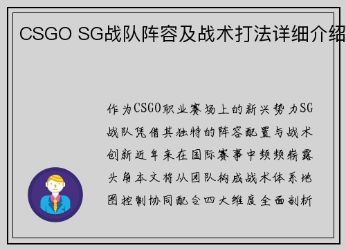 CSGO SG战队阵容及战术打法详细介绍